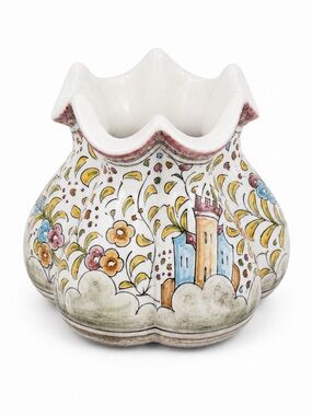 Coimbra Portugal Hand Painted Scalloped Ceramic Vase Sec XVIII Style 6”